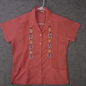 Confecciones Mary Shirt Womens 36 Coral Embroidered Floral Button Front Boho
